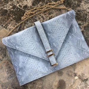 Light Blue Metallic Snake Skin Clutch